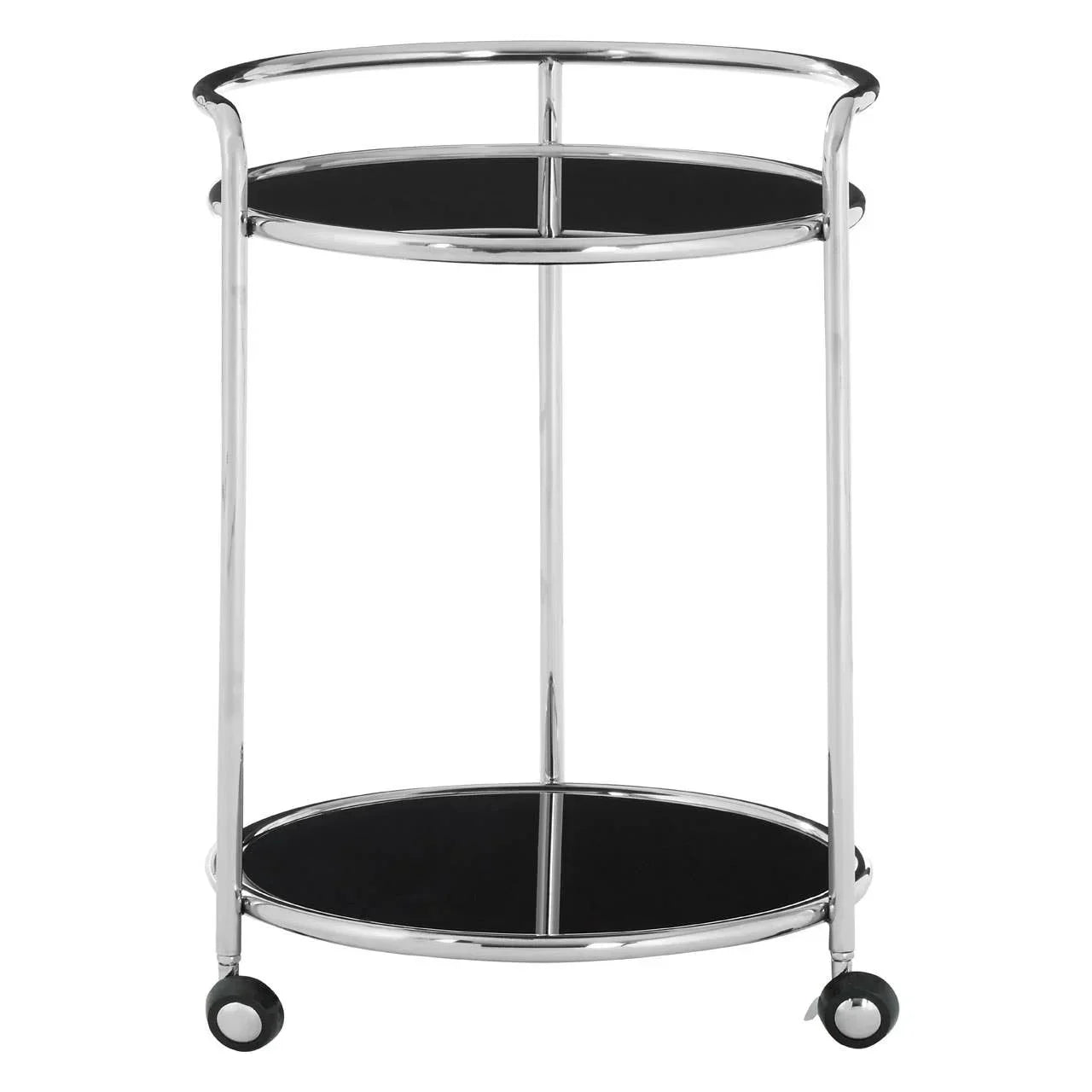 Chrome bar cart with black shelves and caster wheels, viewed from the front