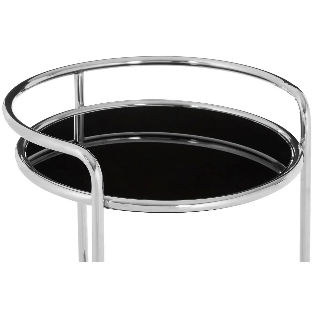 Round black glass side table with chrome metal frame, closeup of tabletop and edge