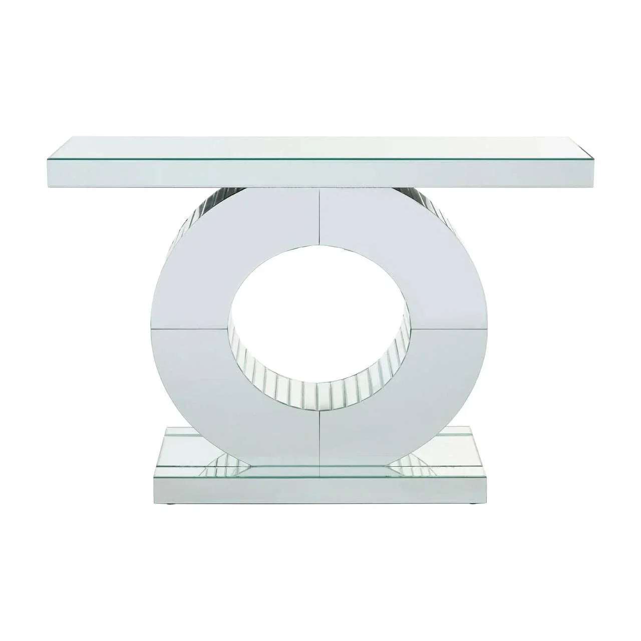 Modern mirrored console table with circular base and rectangular top front view