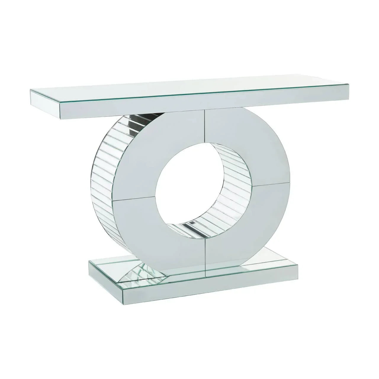 Mirrored console table with circular geometric base and glass top
