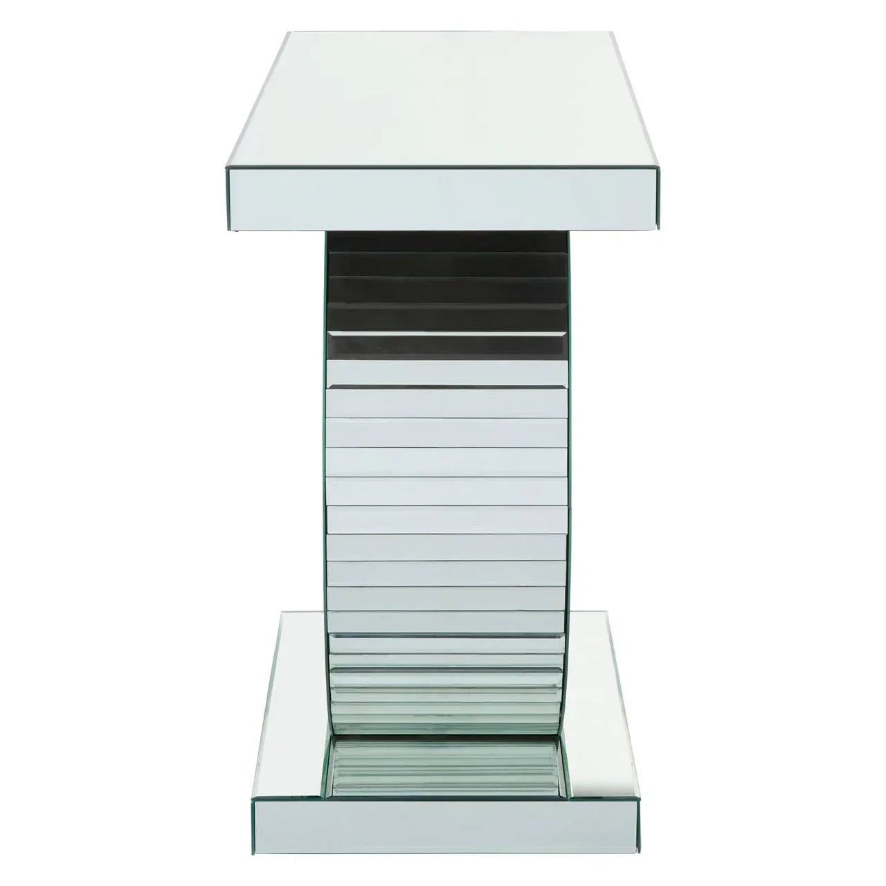 Modern mirrored side table with curved base and reflective rectangular top