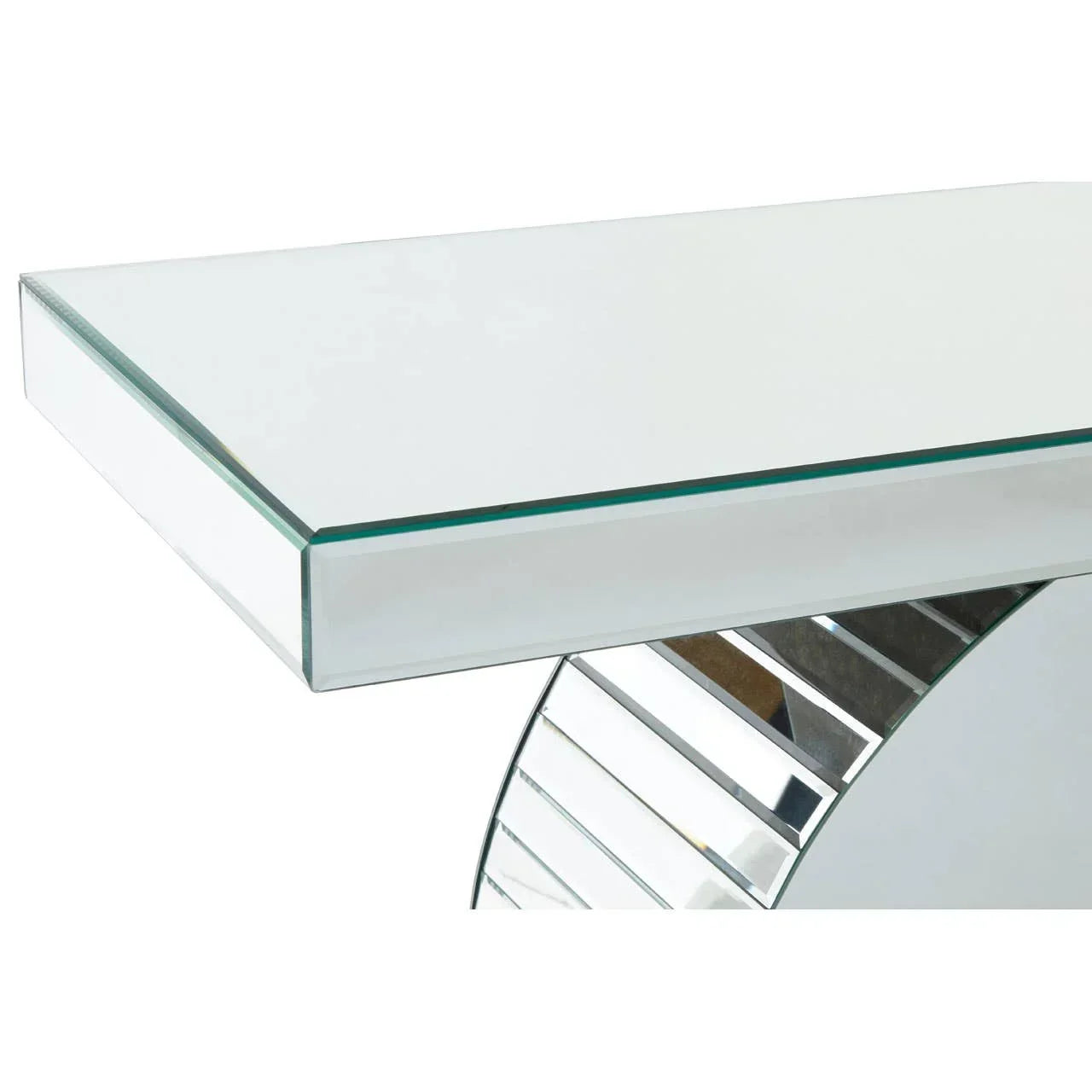 Glass console table with mirrored rectangular top and curved reflective base detail