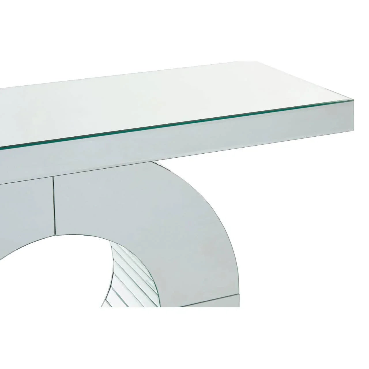 Mirrored console table with rectangular glass top and semi-circular base, side angle view