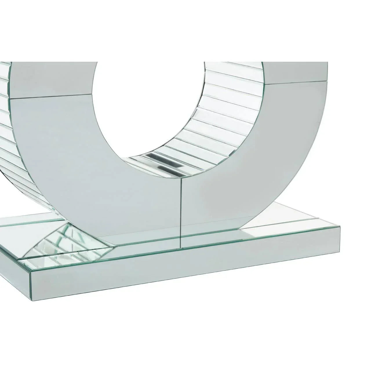 Modern mirrored console table base with geometric circular design and glass panel detailing
