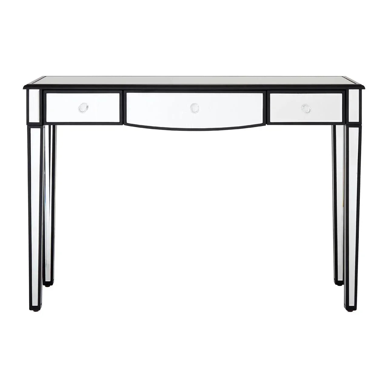 Modern mirrored console table with three drawers and black trim, front view