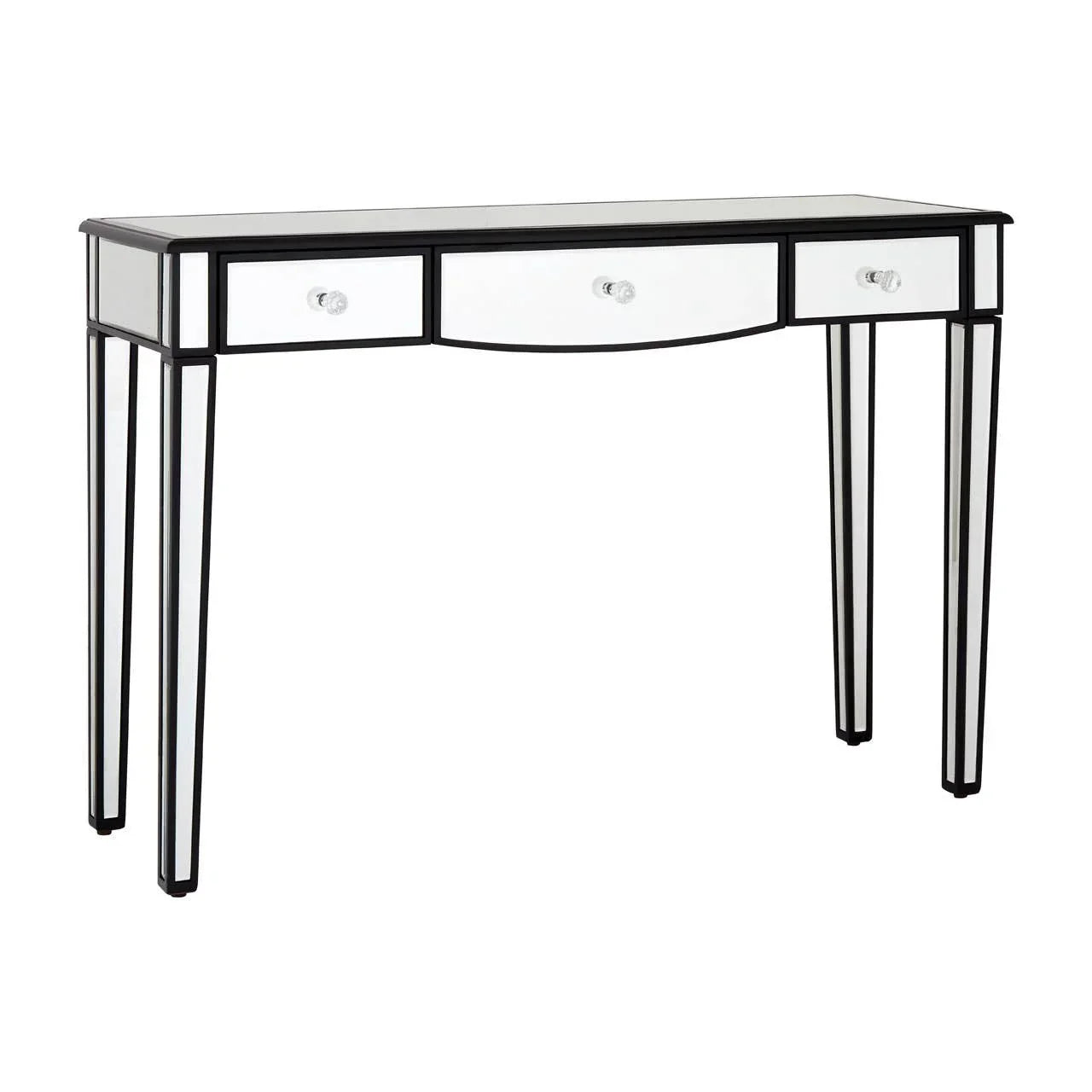 Mirrored console table with three drawers and black metal frame