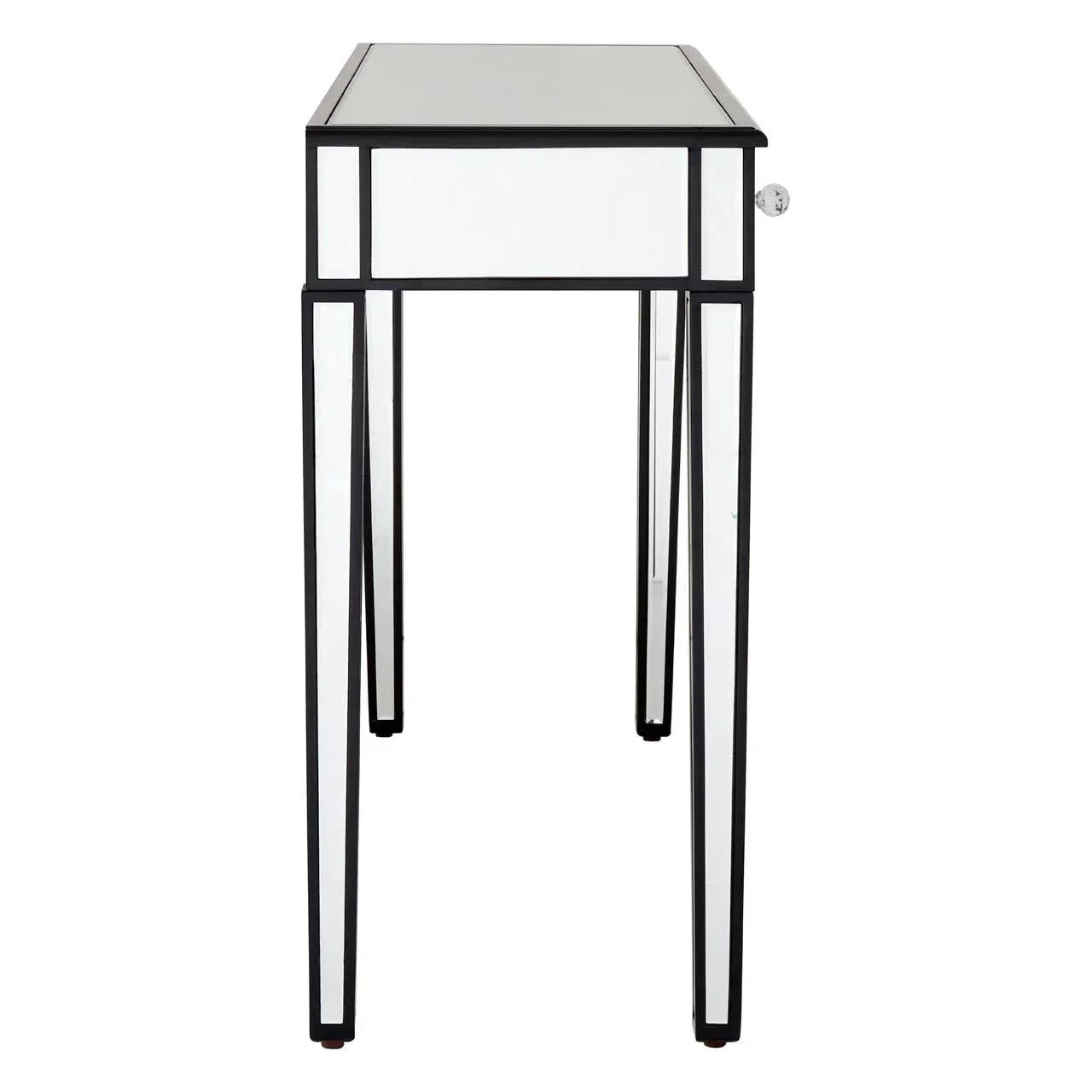 Mirrored console table with black frame and single drawer, side view