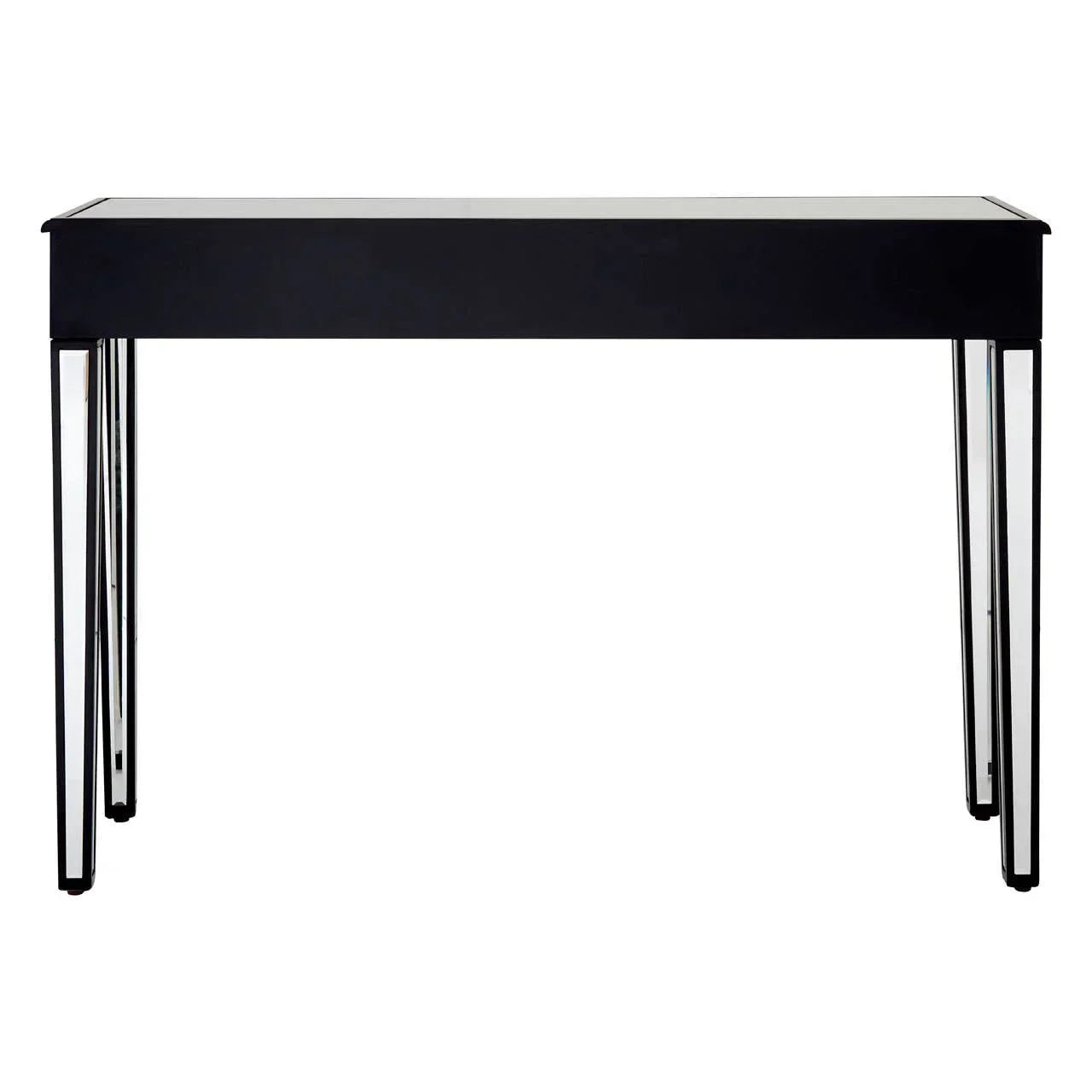 Black console table with slim metal legs and rectangular top, photographed on white background