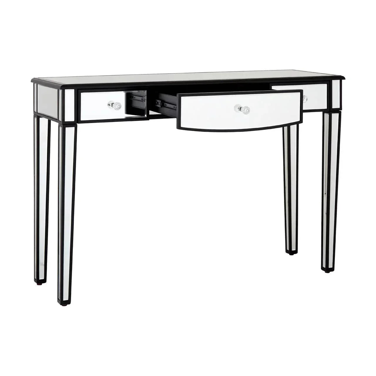 Mirrored console table with black trim and three pull-out drawers, shown at an angle