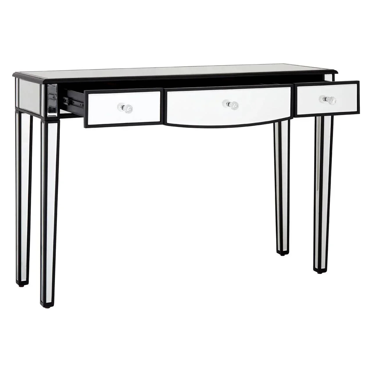 Mirrored console table with three drawers and glass knobs, black trim, front angle view