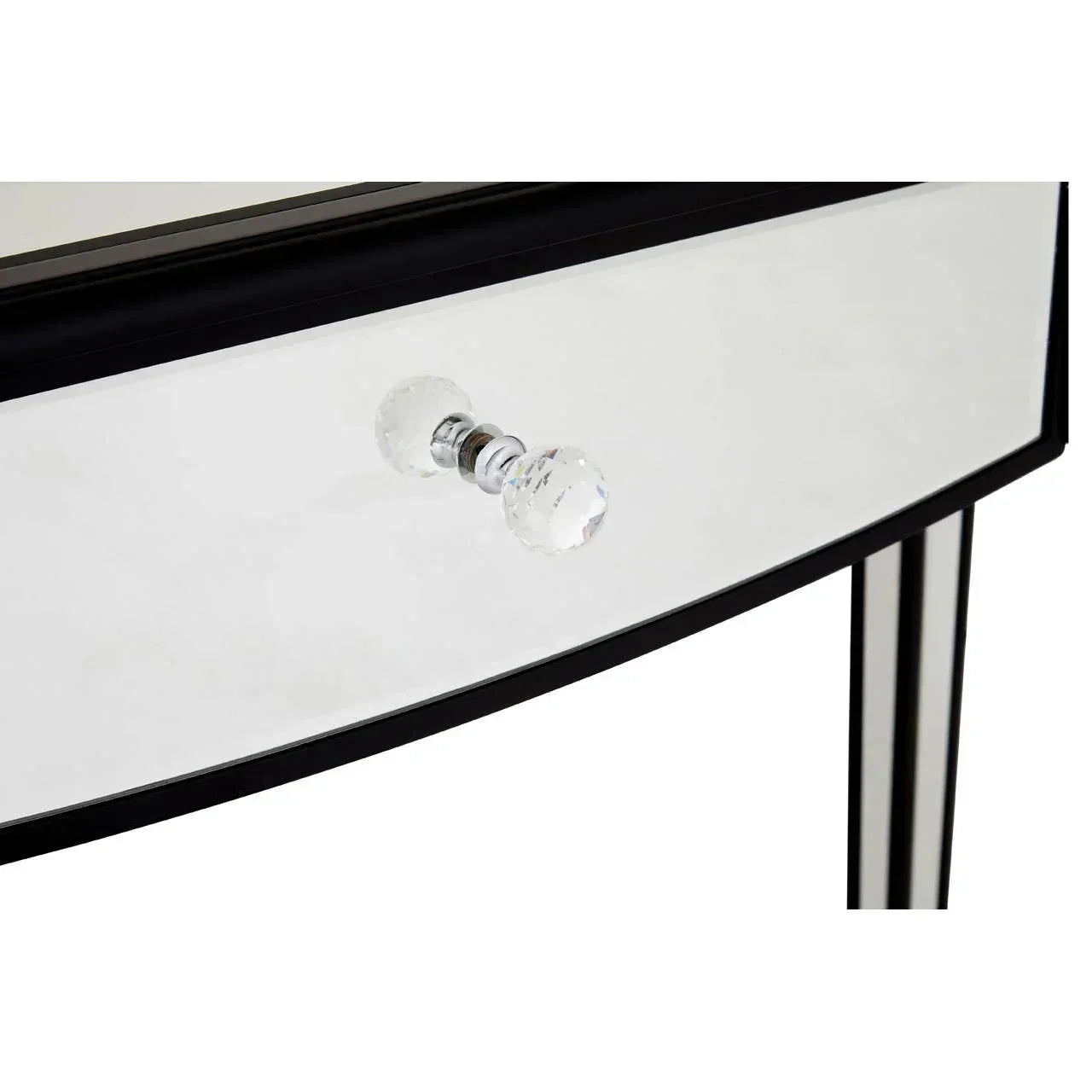 Mirrored console table drawer with crystal handle and sleek chrome legs