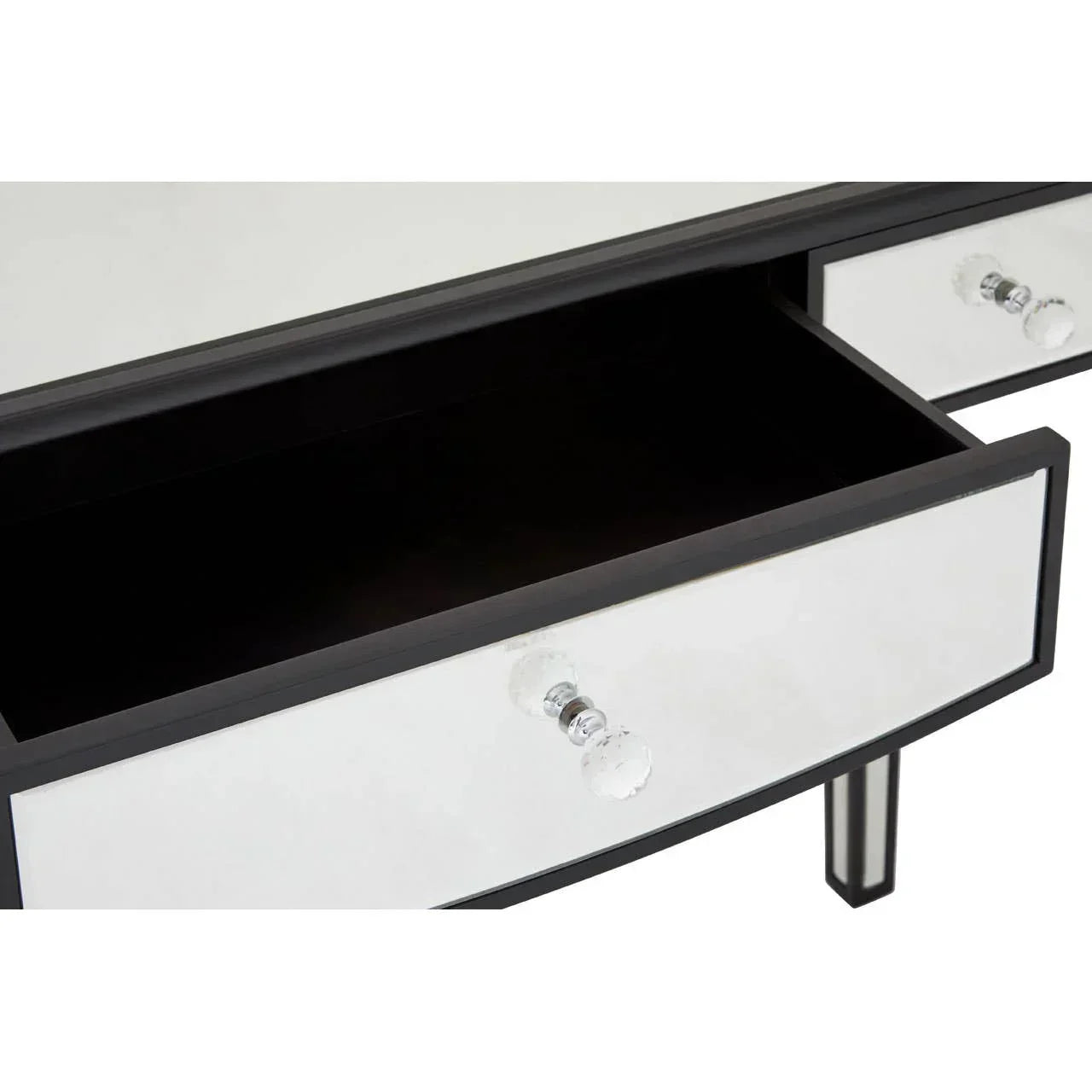Mirrored dressing table drawer with crystal handle and black trim open for storage view
