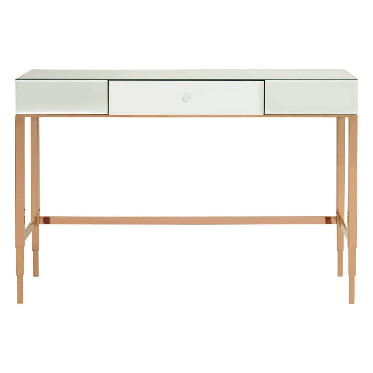 Mirrored console table with rose gold metal frame and three drawers, front view