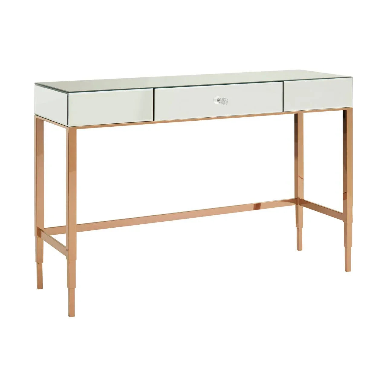 Mirrored console table with rose gold metal frame and single centre drawer