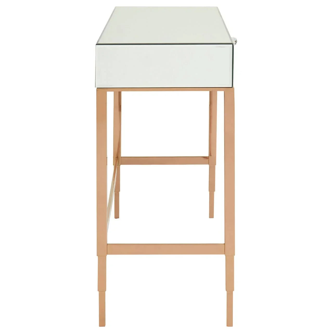 Mirrored console table with rose gold metal legs shown from the side