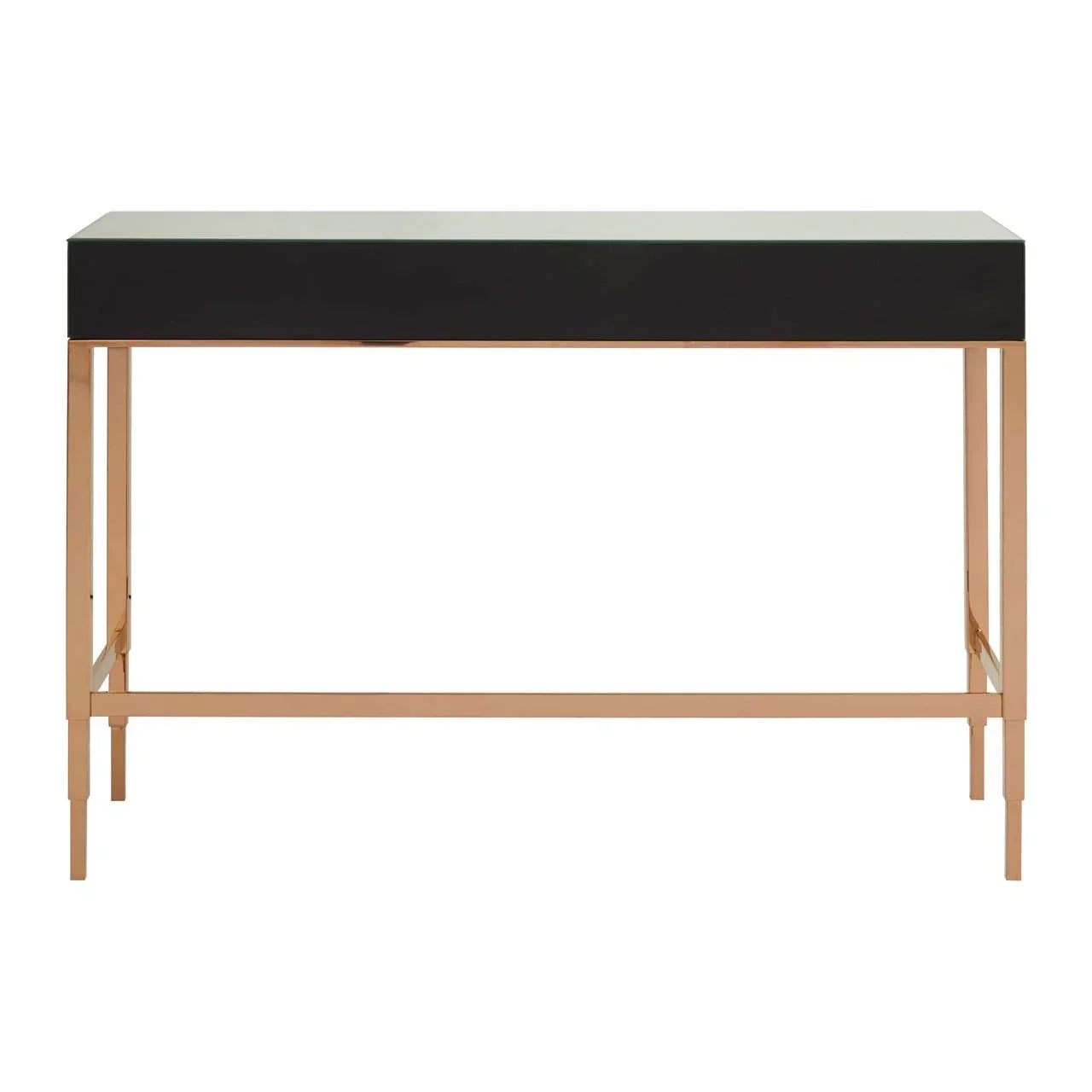 Modern console table with black top and gold metal frame, front view