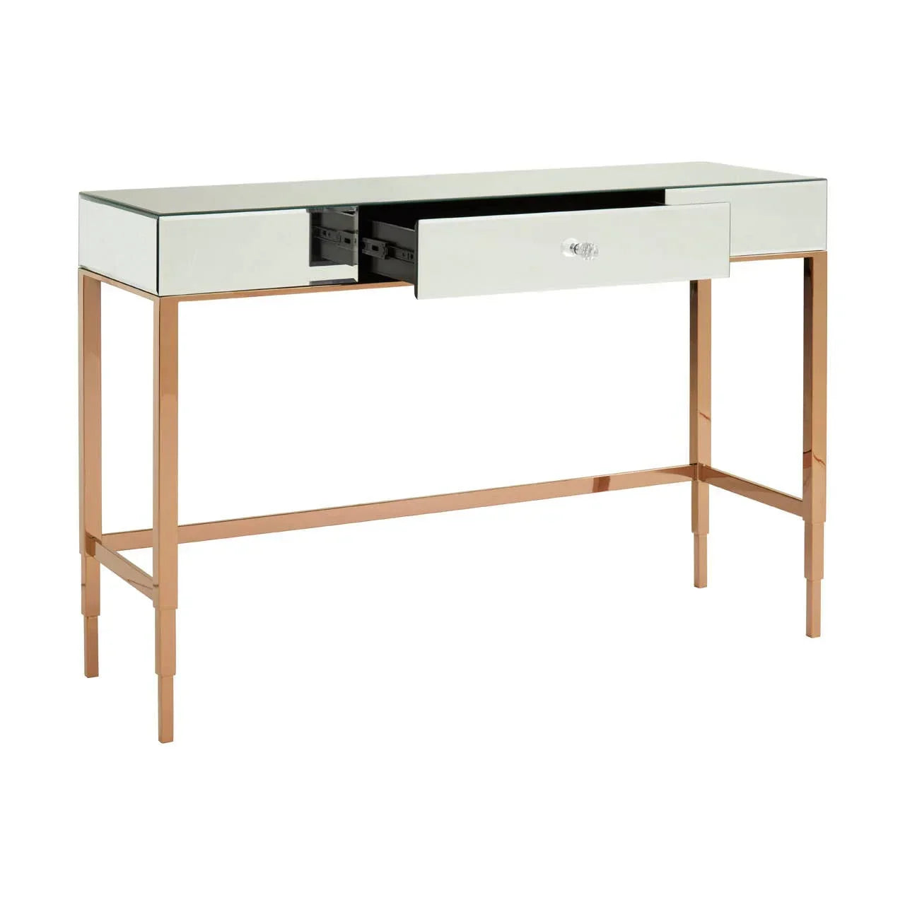Mirrored console table with gold metal legs and open drawers, modern hallway furniture