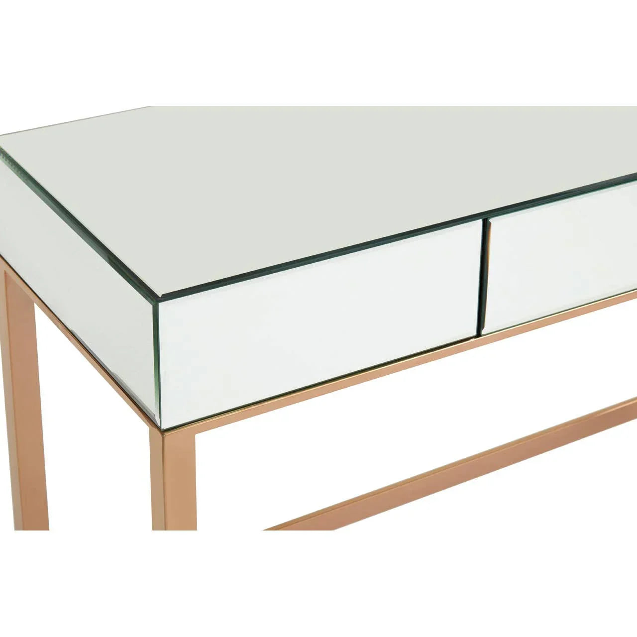 Mirrored console table with gold metal frame and two drawers, close-up view