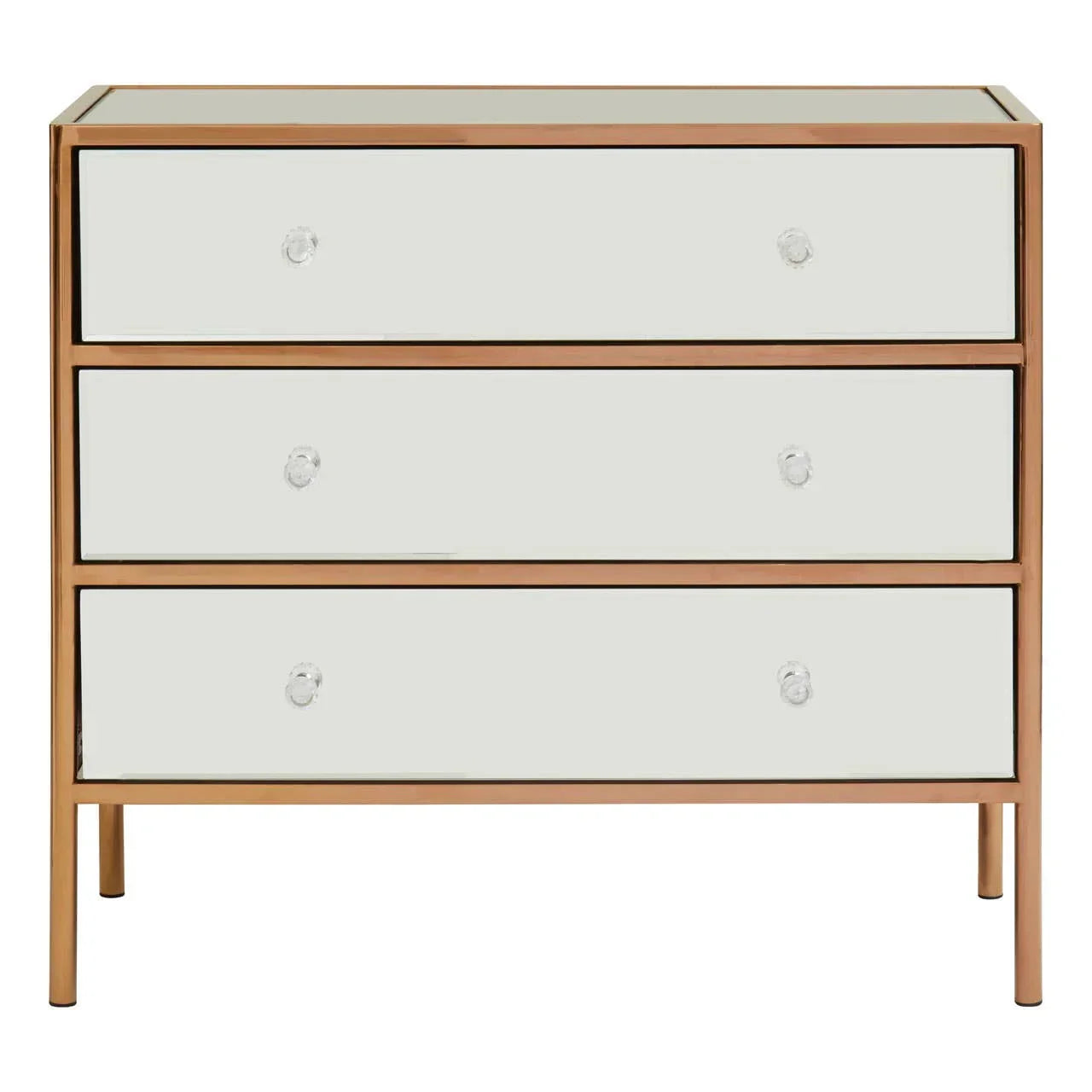 Mirrored chest of drawers with three drawers, glass knobs, and gold metal frame