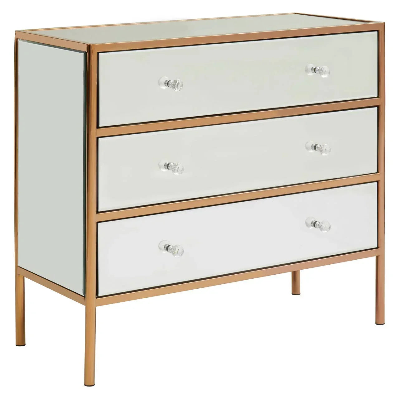 Mirrored chest of drawers with gold metal frame and clear glass handles