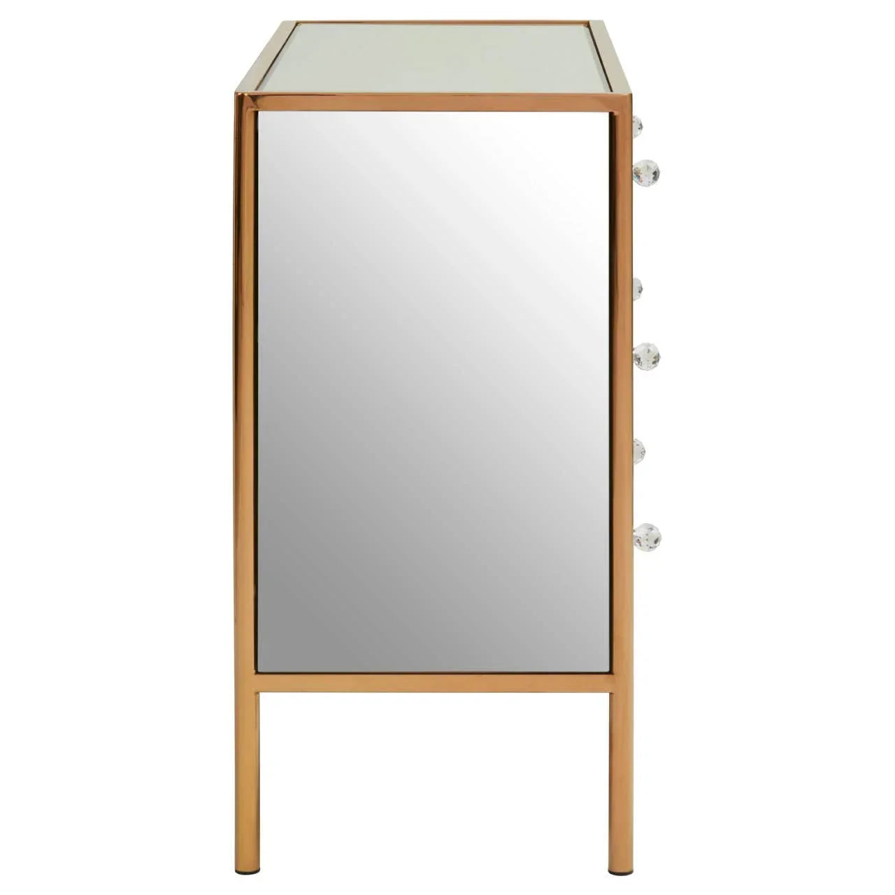 Side view of mirrored bedside table with gold frame and crystal drawer handles