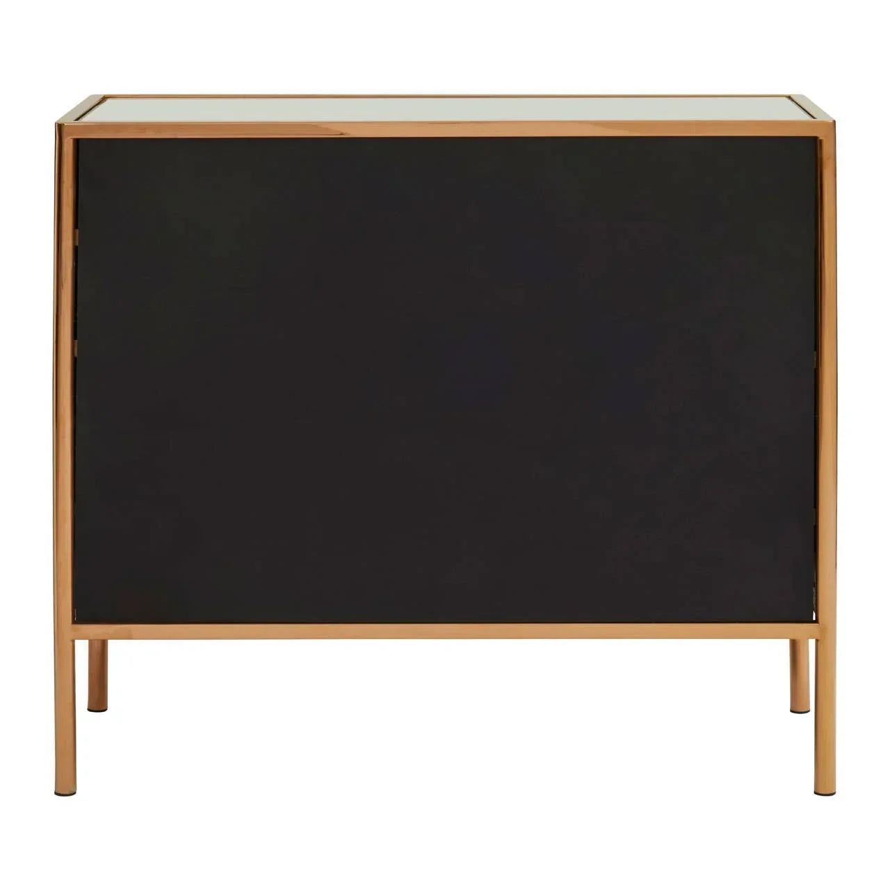 Black and gold sideboard cabinet rear view with metal frame and sleek modern design