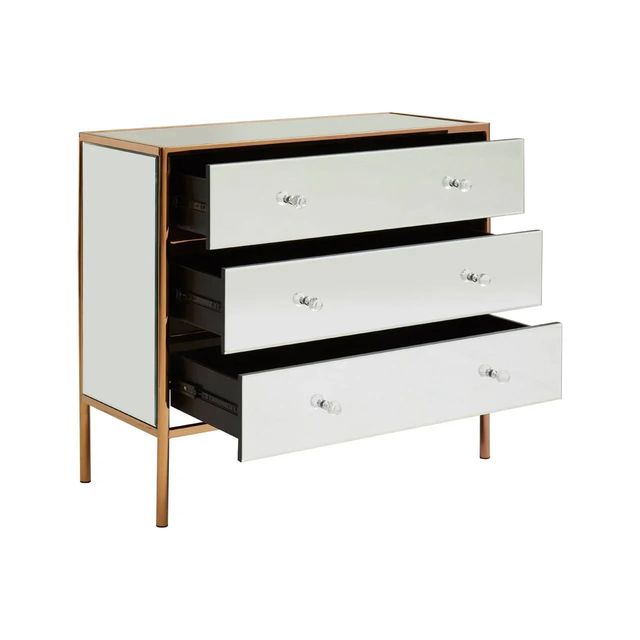 Mirrored chest of drawers with glass fronts and gold frame, drawers open, angled view