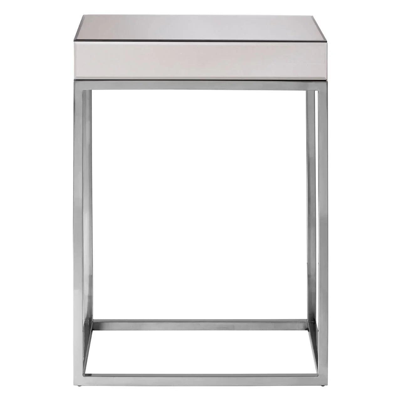 Modern side table with mirrored top and chrome metal frame, front view