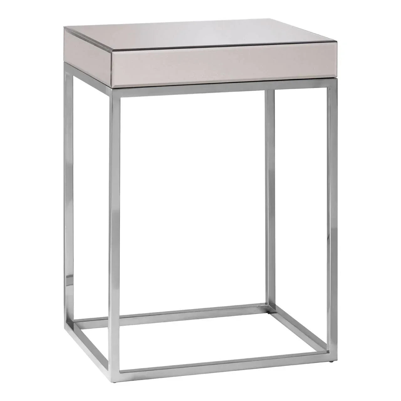 Modern side table with glass top and chrome metal frame, minimalist design