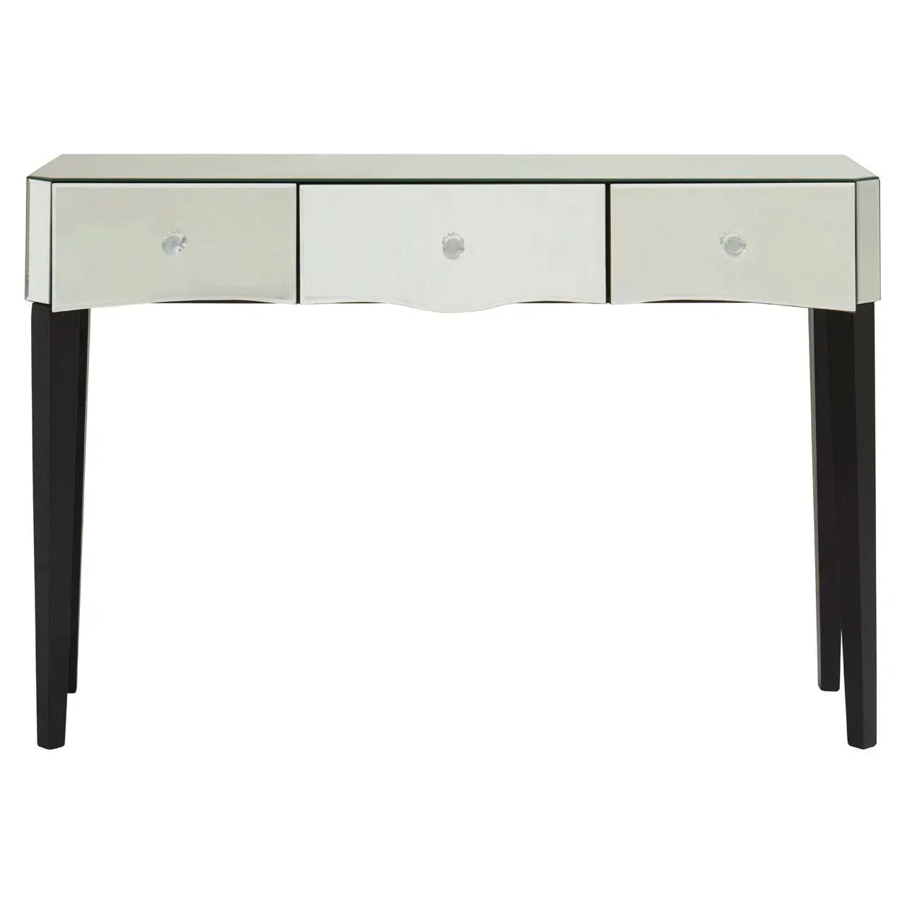 Mirrored console table with three drawers and black legs, front facing view