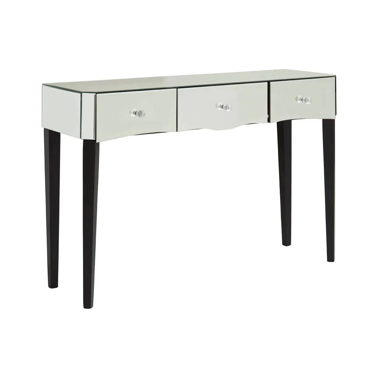 Mirrored console table with three drawers and black tapered legs