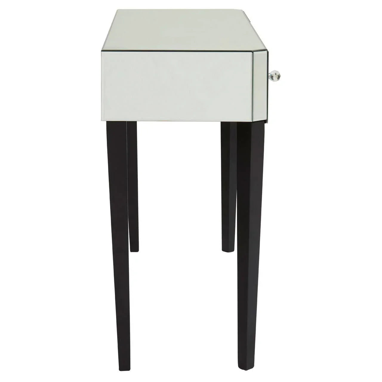 Side view of mirrored console table with black legs and glass drawer knob