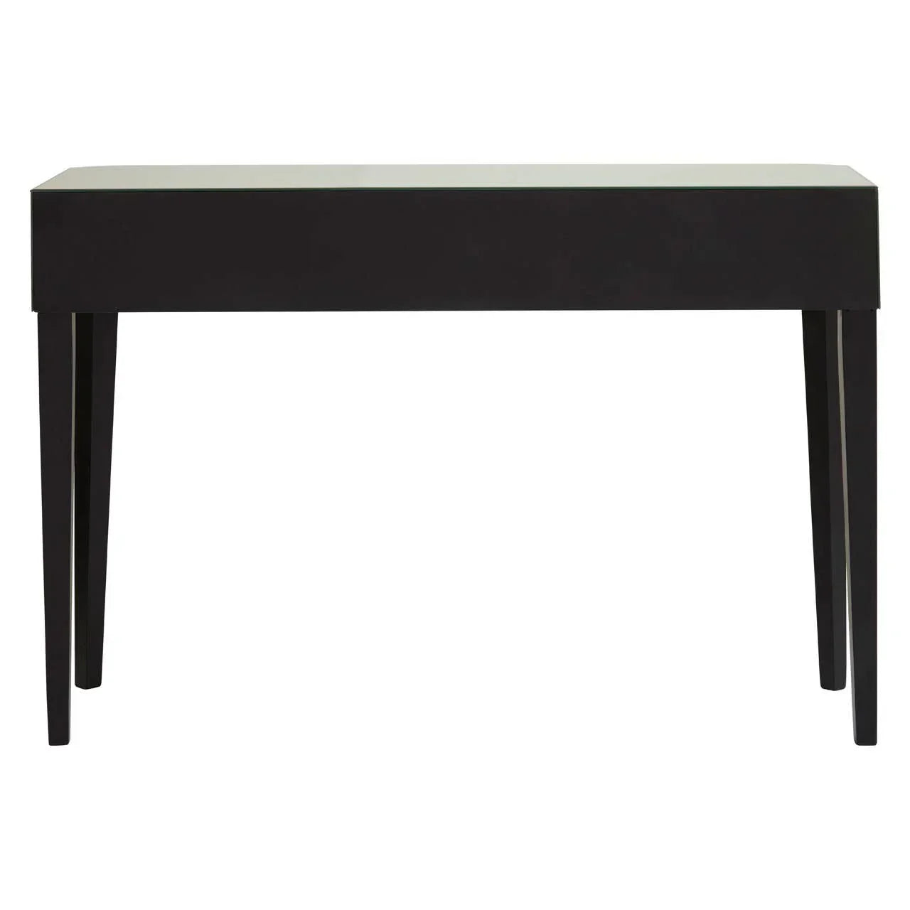 Black rectangular console table with four straight legs, front view