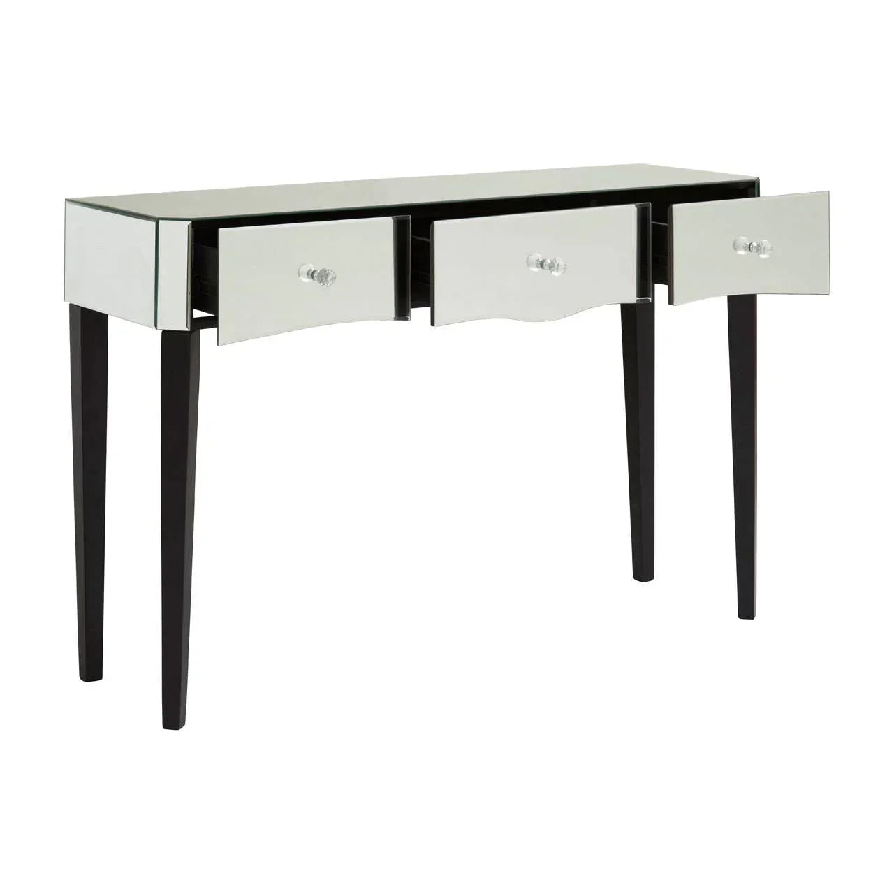 Mirrored console table with three open drawers and black tapered legs