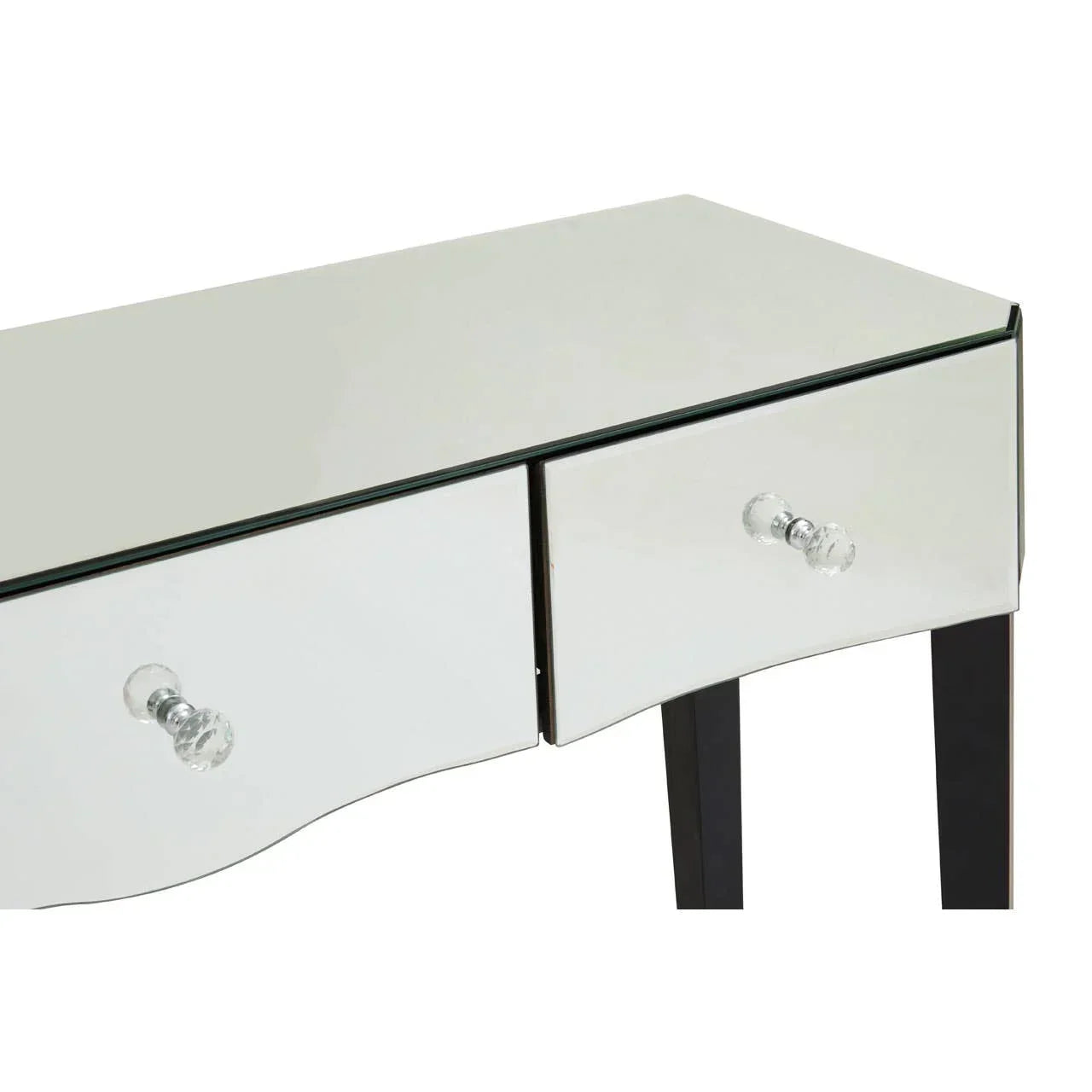 Mirrored console table with two drawers and glass handles on black legs