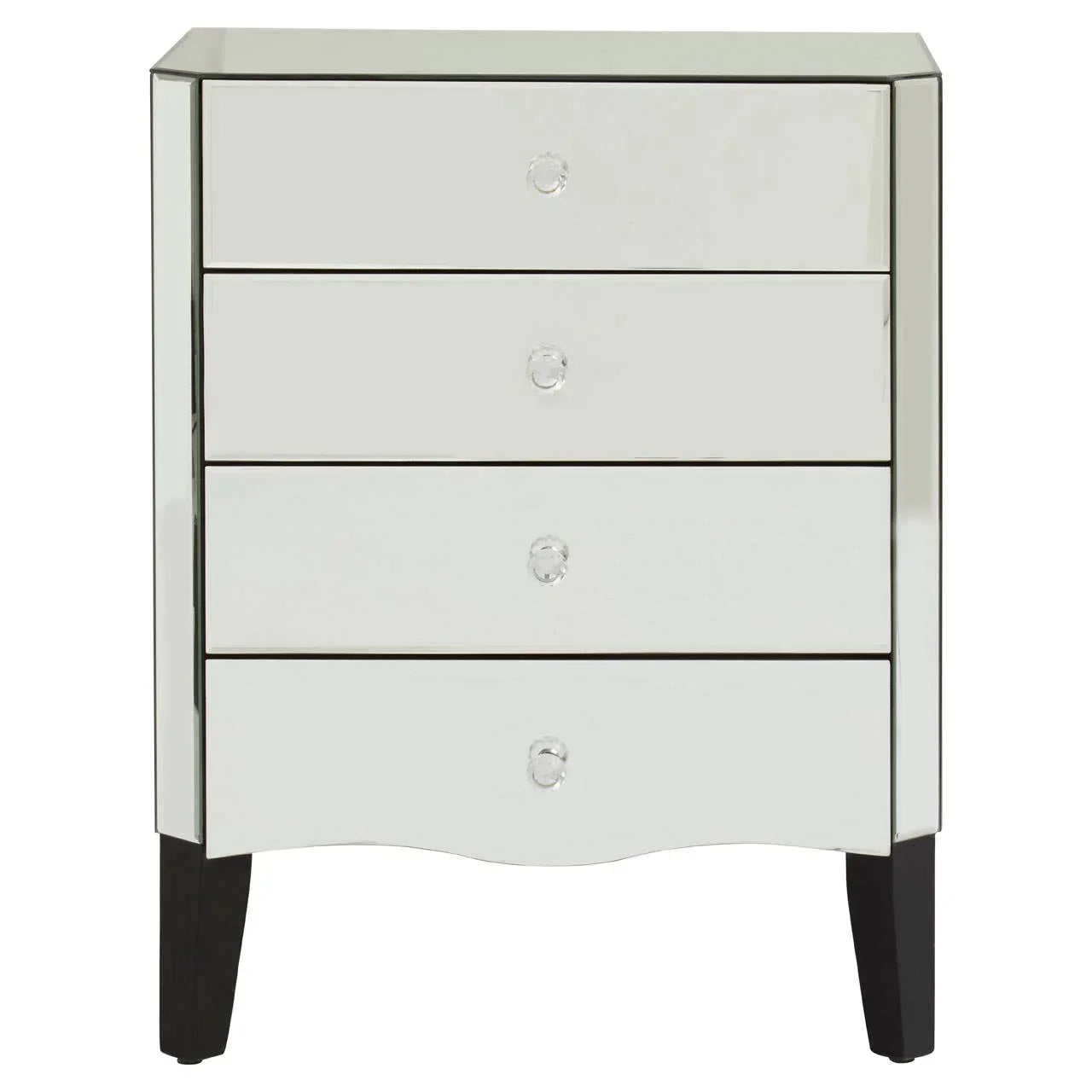 Mirrored chest of drawers with four crystal handles and black legs