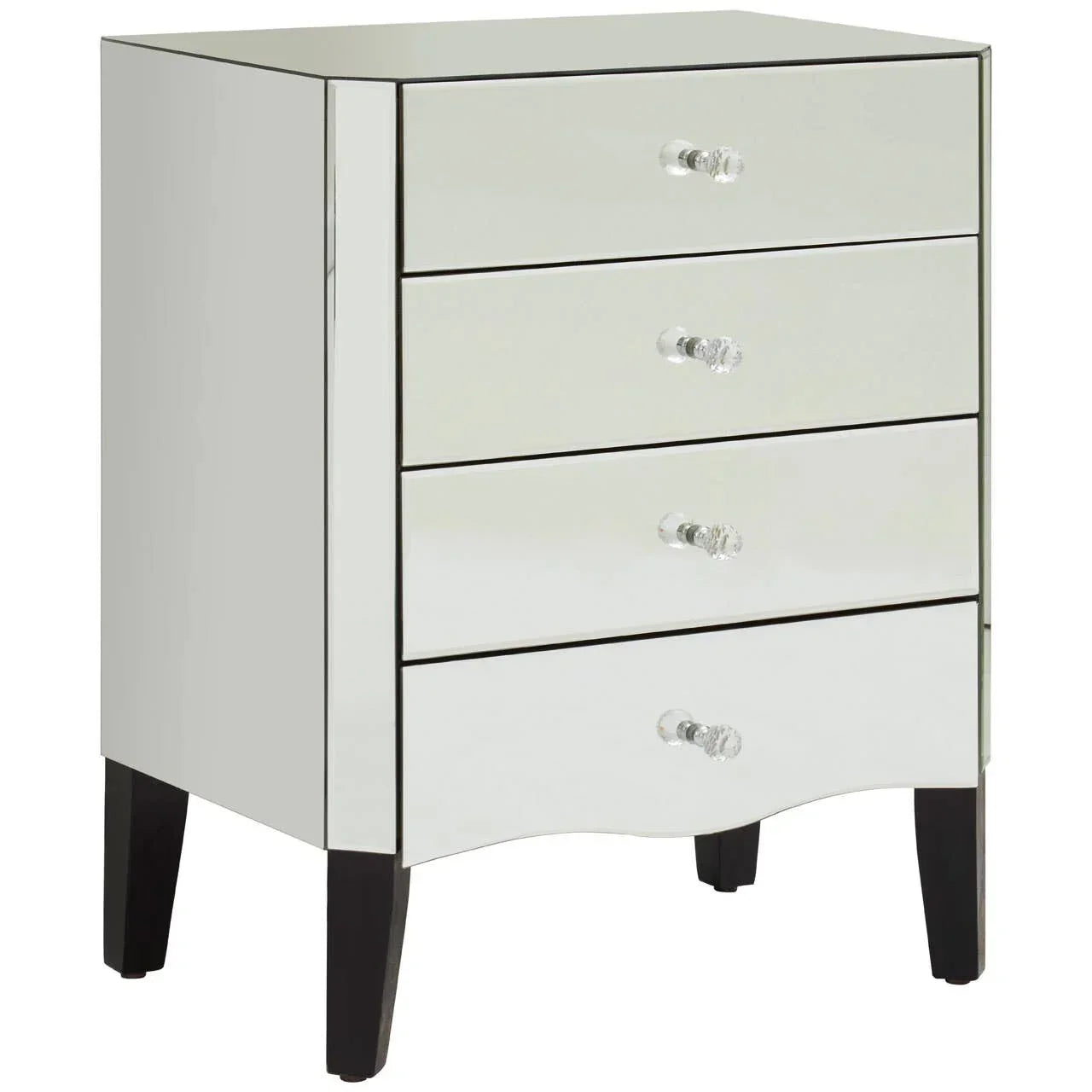 Mirrored chest of drawers with four drawers and black legs
