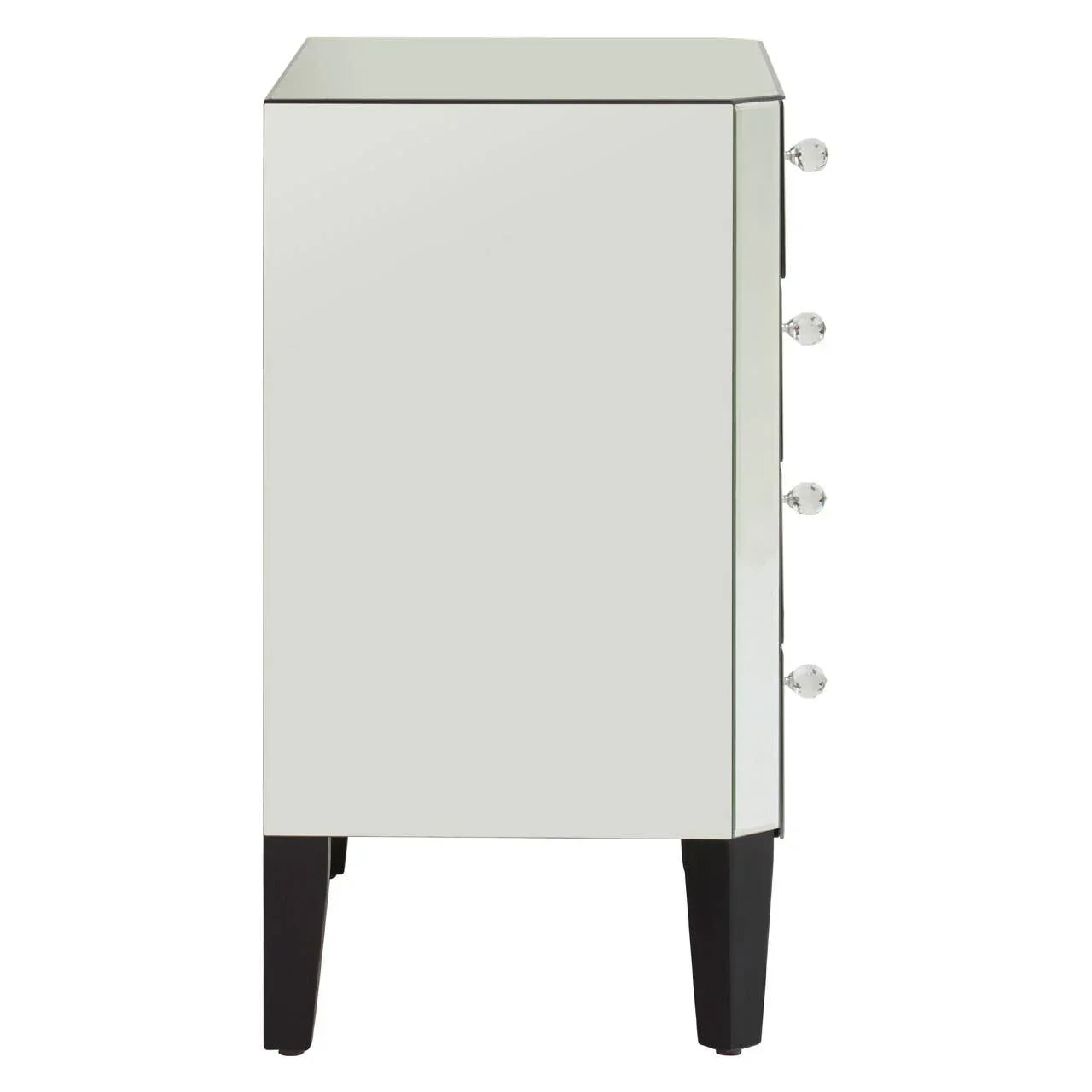 Mirrored bedside cabinet side view with crystal drawer handles and black legs