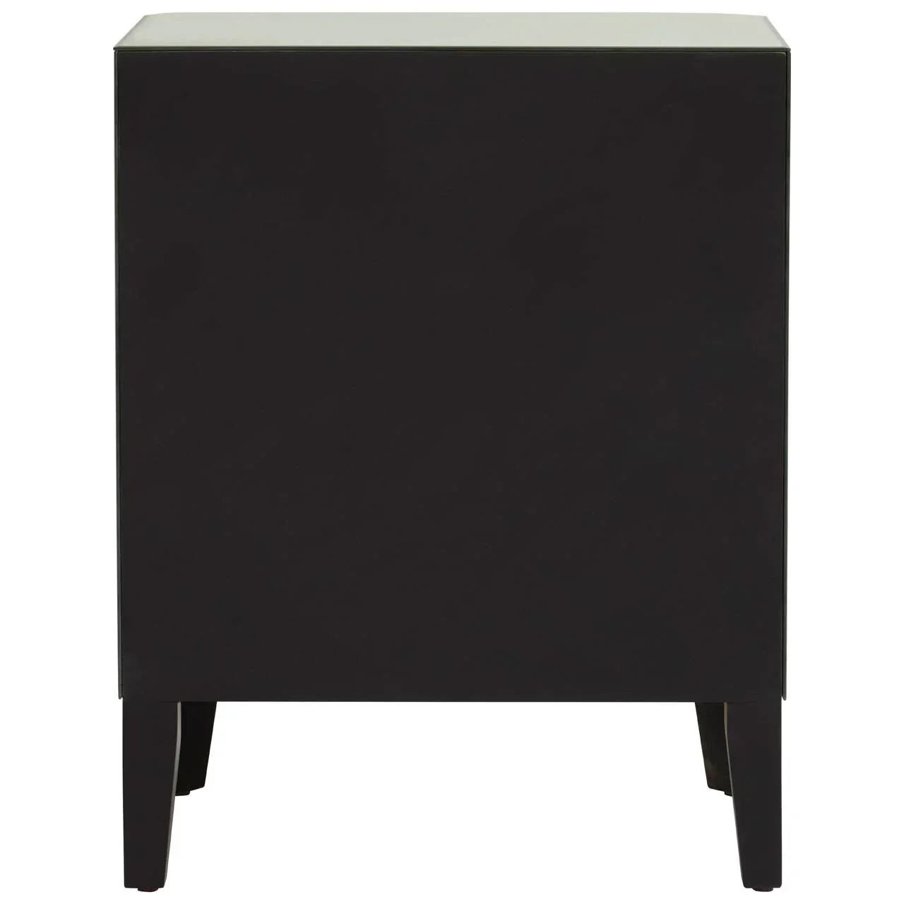 Black wooden bedside table with straight legs, rear view