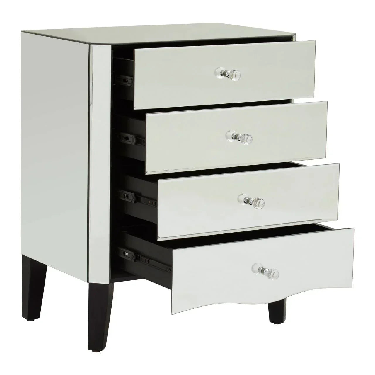 Mirrored chest of drawers with four glass drawer fronts and crystal handles