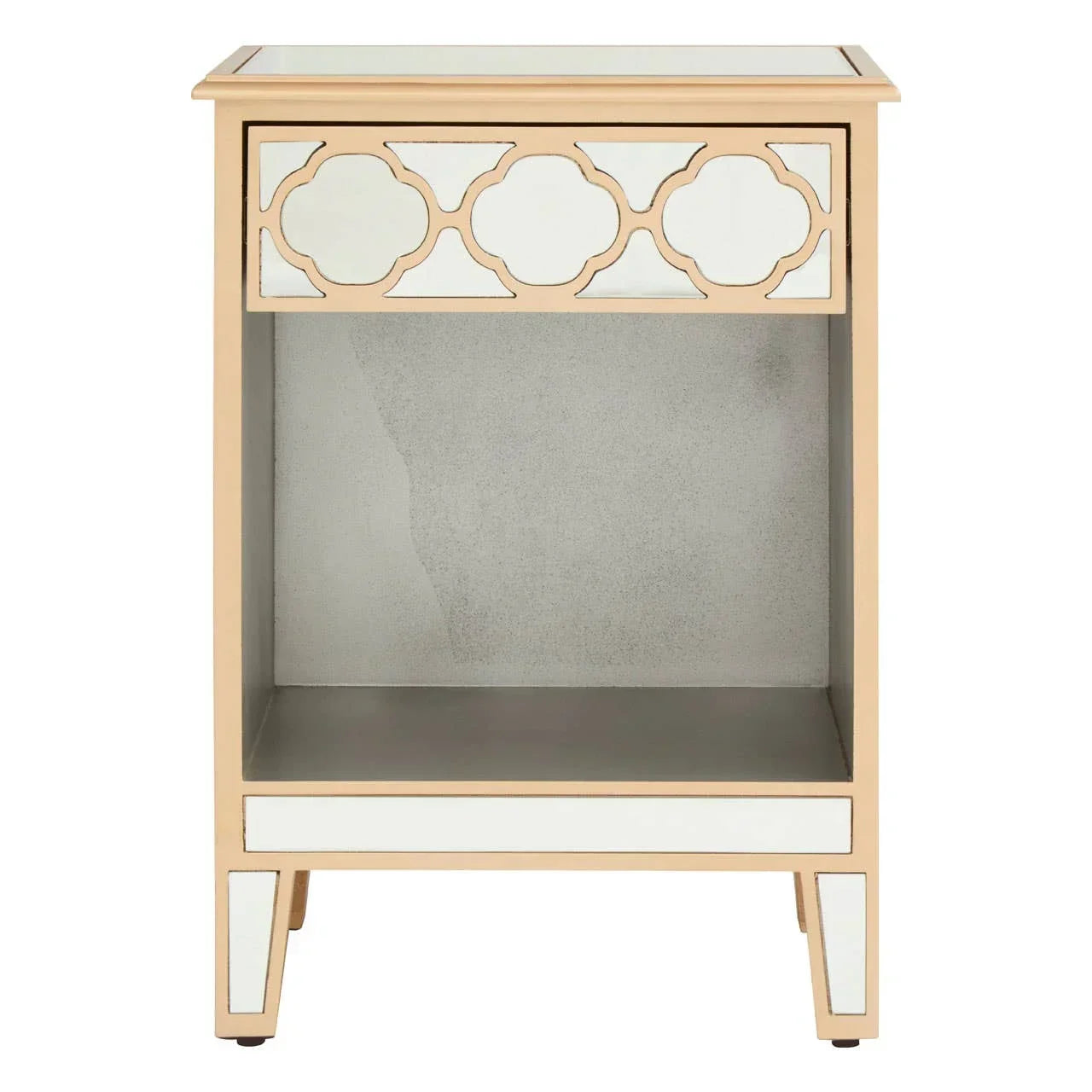 Mirrored bedside table with gold trim and open shelf, geometric drawer front design