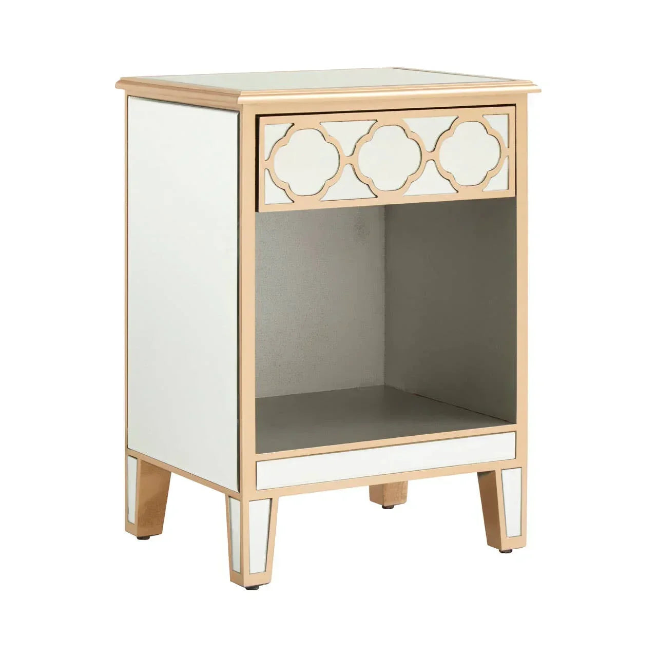 Gold and white mirrored bedside table with decorative drawer and open shelf