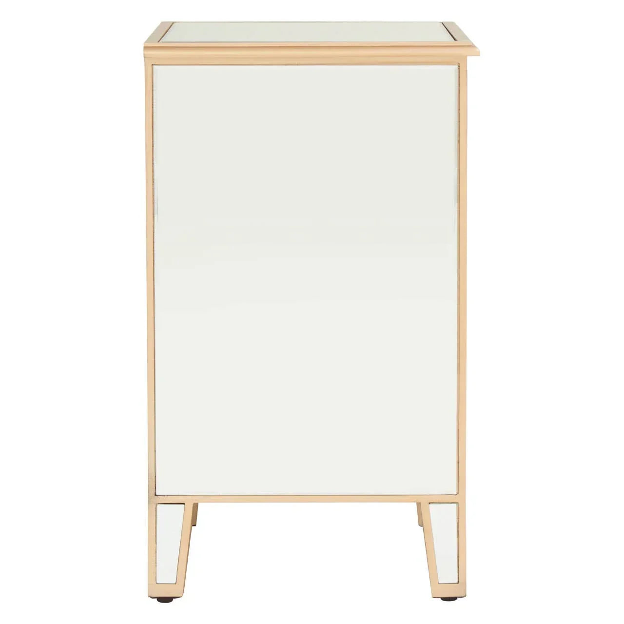 Mirrored bedside table with gold metal frame, shown from side angle