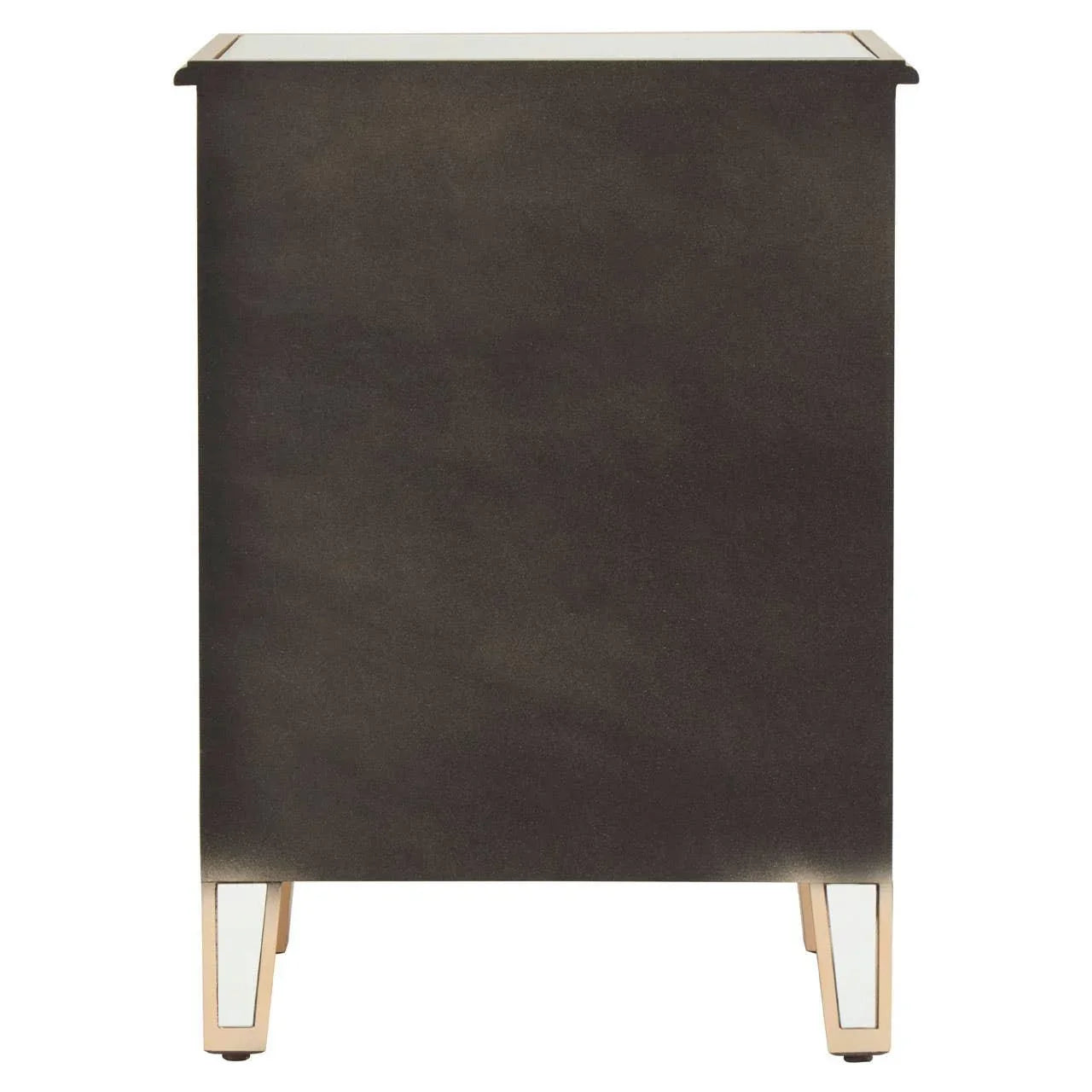 Side view of black chest of drawers with gold trim and mirrored legs