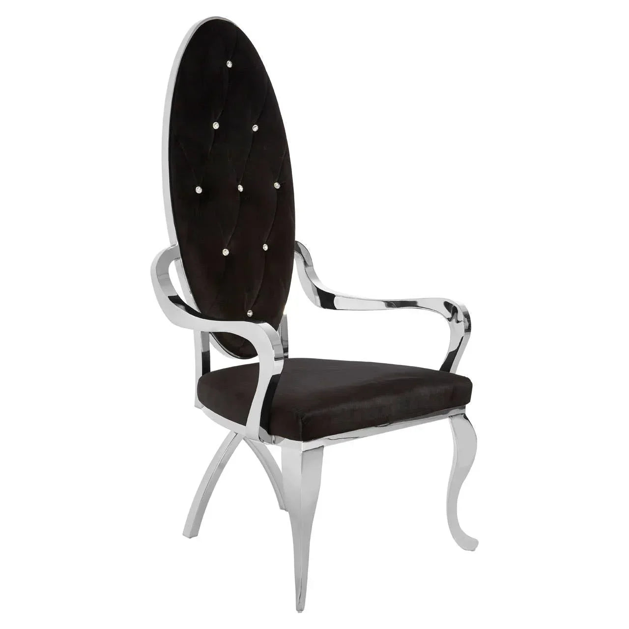 Black velvet dining chair with oval backrest, chrome frame, and button detailing