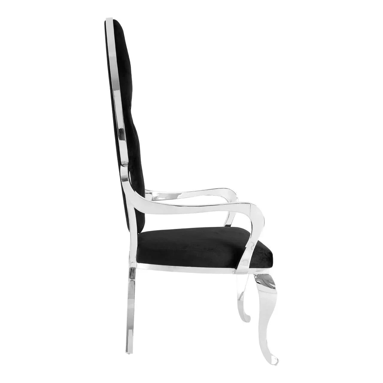 Side view of black velvet dining chair with high back and chrome frame