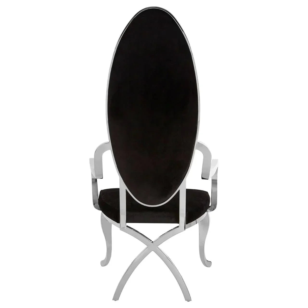Velvet dining chair with high oval back and chrome legs, rear view