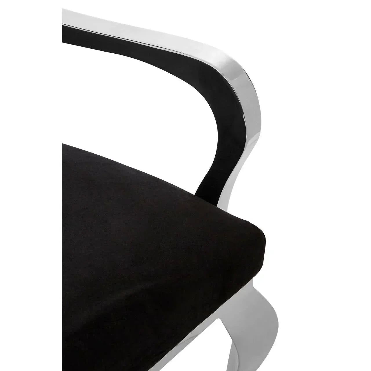 Chrome dining chair armrest with black upholstered seat, close-up angle
