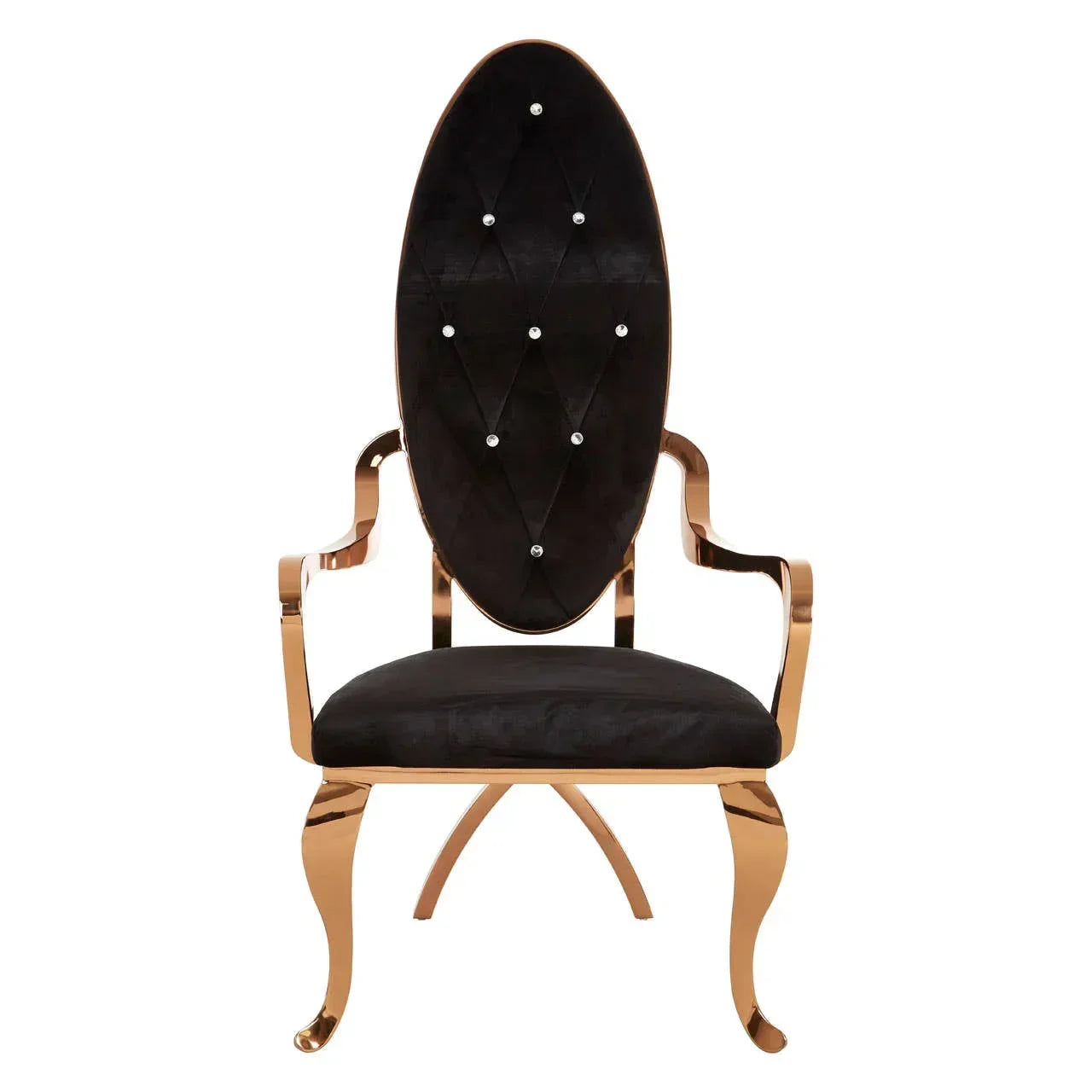 Gold metal accent chair with black velvet tufted back and curved arms, front view