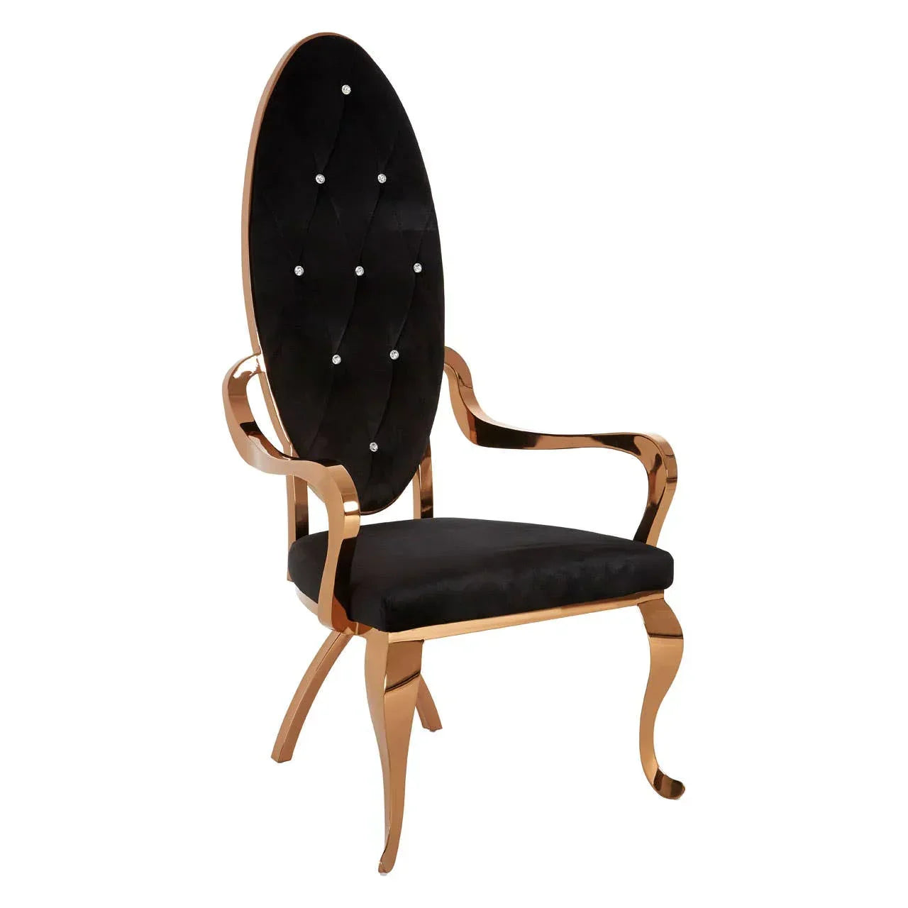 Black velvet accent chair with gold metal frame and oval tufted backrest